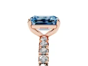 Fancy Blue Emerald Cut Diamond Pavé Solitaire Ring Set in Rose gold with Round Band and Prong Setting