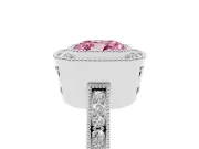 Fancy Pink Cushion Cut Diamond Halo Ring Set in White gold with Pavé Band and Milgrain-Edged Prongs