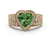 Fancy Green Heart Cut Diamond Halo Ring Set in Yellow gold with Accent Split Shank and Prong Setting