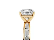 Cushion Cut Diamond Solitaire Ring Set in Yellow gold with Channel-Set Baguette Band and Prong Setting