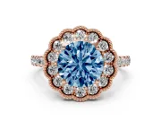 Fancy Blue Round Cut Diamond Milgrain Floral Halo Engagement Ring Set in Rose gold with Pavé Band