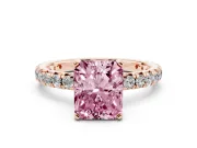 Fancy Pink Radiant Cut Diamond Pavé Solitaire Ring Set in Rose gold with Round Band and Prong Setting
