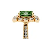 Fancy Green Princess Cut Diamond Halo Milgrain Pavé Ring Set in Yellow gold with Prong Setting