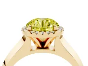 Fancy Yellow Round Cut Diamond Halo Ring Set in Yellow gold with Cathedral Band and Prong Setting
