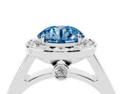 Fancy Blue Round Cut Diamond Halo Solitaire Ring Set in Silver with Pavé Band and Bezel Setting