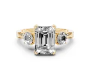 Emerald Cut Hidden Halo Three Stone Engagement Ring Setting for a Fancy Yellow Lab-Grown Diamond | Yellow Gold