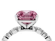 Fancy Pink Asscher Cut Diamond Prong Set Engagement Ring Set in Silver with Round Accent Pavé Band