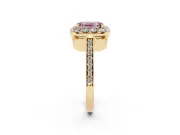 Fancy Pink Emerald Cut Diamond Floral Halo Ring Set in Yellow gold with Pavé Band and Prong Setting