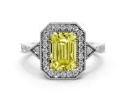 Fancy Yellow Emerald Cut Diamond Halo Engagement Ring Set in White gold with Milgrain Pavé Band
