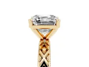 Asscher Cut Diamond Solitaire Ring Set in Yellow gold with Milgrain and Black Enamel X Pattern Band