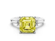 Fancy Yellow Three-Stone Asscher Cut Diamond Ring Set in Platinum with Prong Setting and Plain Band