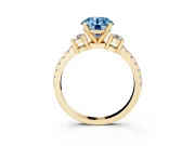 Fancy Blue Three-Stone Round Cut Diamond Pavé Band Ring Set in Yellow gold with Prong Setting