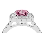 Fancy Pink Radiant Cut Diamond Milgrain Floral Halo Engagement Ring Set in White gold with Pavé Band