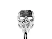 Fancy Black Cushion Cut Diamond Solitaire Ring Set in White gold with Cluster Accents on Each Side