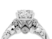 Cushion Cut Diamond Filigree Halo Engagement Ring Set in White gold with Prong Setting