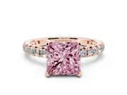 Fancy Pink Princess Cut Diamond Pavé Solitaire Ring Set in Rose gold with Round Band and Prong Setting