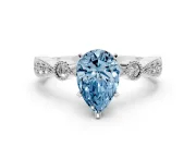Fancy Blue Pear Cut Diamond Solitaire Engagement Ring Set in Platinum with Milgrain Bezel Accent Band