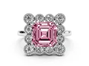 Asscher Cut Milgrain Cluster Halo Engagement Ring Setting for a Fancy Pink Lab-Grown Diamond | Plain Band | Platinum