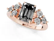 Fancy Black Emerald Cut Diamond Solitaire Ring Set in Rose gold with Cluster Accents on Each Side