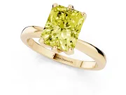 Fancy Yellow Radiant Cut Diamond Solitaire Engagement Ring Set in Yellow gold with Slim Tapered Solitaire Band