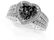Fancy Black Heart Cut Diamond Halo Ring Set in Silver with Accent Split Shank and Prong Setting