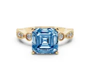 Fancy Blue Asscher Cut Diamond Solitaire Engagement Ring Set in Yellow gold with Milgrain Bezel Accent Band