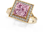 Fancy Pink Princess Cut Diamond Halo Engagement Ring Set in Yellow gold with Milgrain Pavé Band