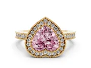 Fancy Pink Heart Cut Diamond Round Halo Ring Set in Yellow gold with Pavé Band