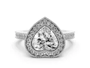 Heart Cut Diamond Halo Ring Set in White gold with Pavé Band and Milgrain-Edged Prongs