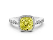 Fancy Yellow Cushion Cut Diamond Halo Engagement Ring Set in Silver with Pavé Band and Prong Setting