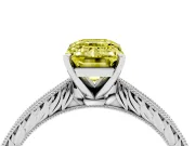 Fancy Yellow Emerald Cut Diamond Solitaire Milgrain Engraved Band Set in Platinum with Prong Setting