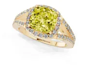 Cushion Cut Halo Engagement Ring Setting for a Fancy Yellow Lab-Grown Diamond | V-Split Pavé Band | Yellow Gold