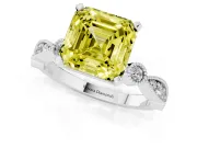 Fancy Yellow Asscher Cut Diamond Solitaire Engagement Ring Set in Silver with Milgrain Bezel Accent Band