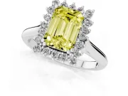 Fancy Yellow Emerald Cut Diamond Halo Ring Set in White gold with Plain Solitaire Band and Prong Setting