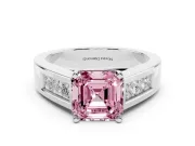Fancy Pink Asscher Cut Diamond Solitaire Ring Set in White gold with Channel-Set Accent Stones and Prong Setting