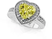Fancy Yellow Heart Cut Diamond Halo Ring Set in White gold with Round Accent Halo, Pavé Band and Prong Setting