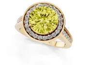 Fancy Yellow Round Cut Diamond Halo Solitaire Ring Set in Yellow gold with Pavé Band and Bezel Setting