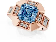 Fancy Blue Asscher Cut Diamond Milgrain Halo Ring Set in Rose gold with Split Shank