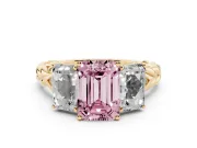 Fancy Pink Emerald Cut Diamond Three-Stone Ring Set in Yellow gold with Braided Band
