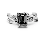 Fancy Black Emerald Cut Diamond Solitaire Ring Set in Silver with Twisted Marquise Accent Band