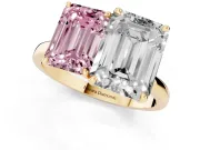 Fancy Pink Emerald Cut and Emerald Cut Toi Moi Ring Set in Yellow gold with Prong Setting