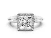 Princess Cut Diamond Halo Engagement Ring Set in White gold with Plain Split Shank and Prong Setting