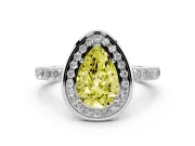 Fancy Yellow Pear Cut Diamond Halo Ring Set in White gold with Bezel Frame and Pavé Band