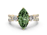 Fancy Green Marquise Cut Diamond Three-Stone Ring Set in Yellow gold with Pavé Split Shank and Prong Setting