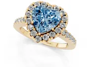 Fancy Blue Heart Cut Diamond Halo Pavé Solitaire Ring Set in Yellow gold with Prong-Set Center Stone