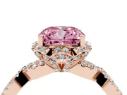 Fancy Pink Cushion Cut Diamond Halo Twist Band Solitaire Ring Set in Rose gold with Prong-Set Center Stone