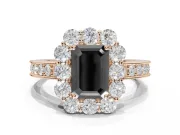 Fancy Black Emerald Cut Lab-Grown Diamond Halo Pavé Engagement Ring Set in Rose Gold with Milgrain Detailing