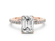 Emerald Cut Diamond Brilliant Solitaire Set in Rose gold with Pavé Band and Claw Prong Setting