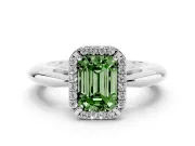 Fancy Green Emerald Cut Diamond Halo Engagement Ring Set in Platinum with Plain Split Shank and Prong Setting