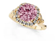 Round Halo Engagement Ring Setting for a Fancy Pink Lab-Grown Diamond | Leaf Shoulders | Yellow Gold